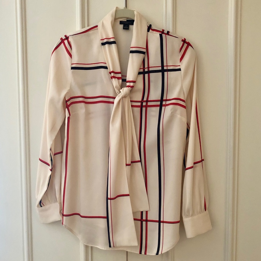 Ann Taylor Cream Blouse with Red and Black Stripes